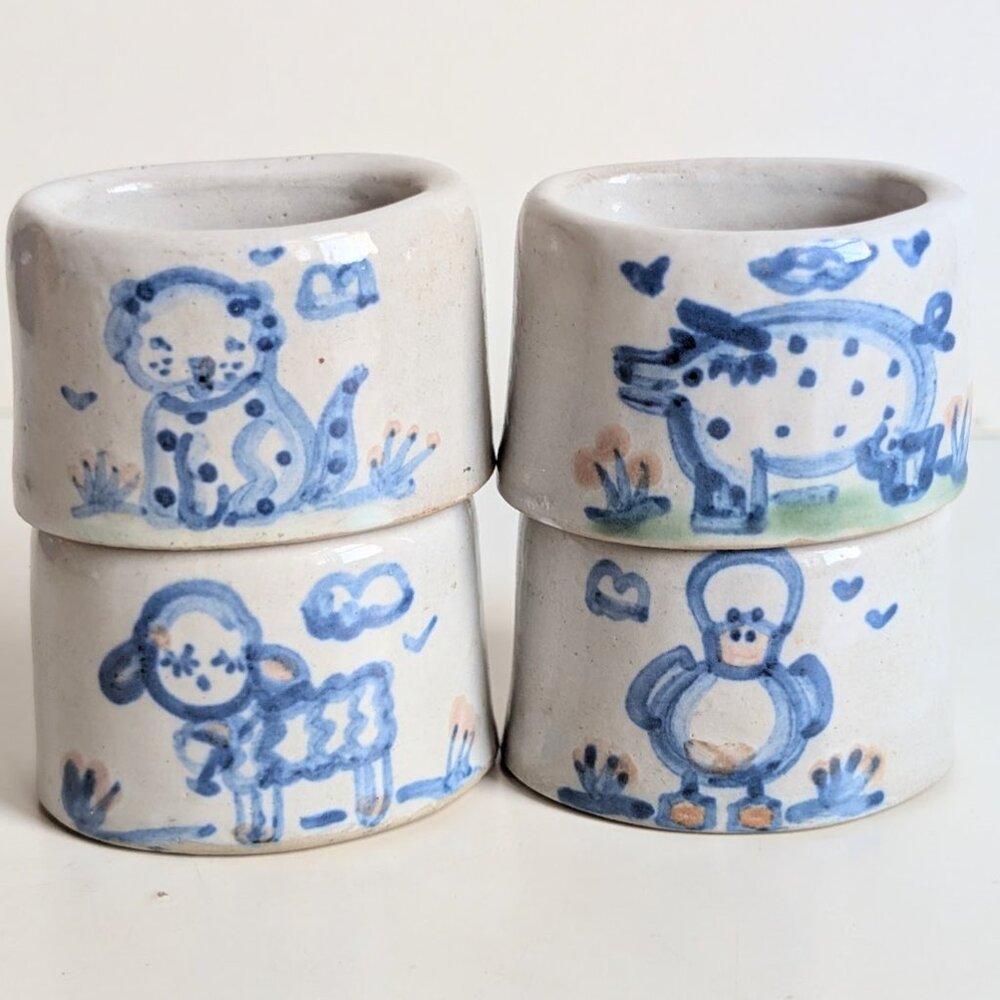 Set of 4 M.A. Hadley Hand-Painted Stoneware Napkin Ring- Cat, Sheep, Duck & Pig